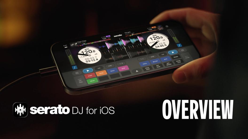 iPhone running Serato DJ for iOS, a DJ app for iPhone and iPad.