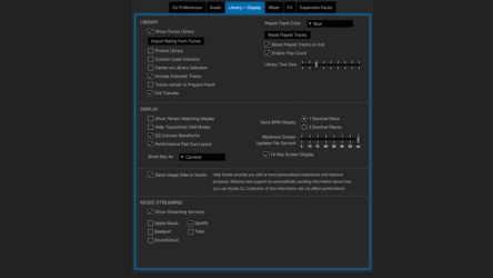 Serato DJ Pro settings screen showing streaming service options for professional DJ software.