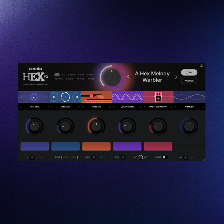 Serato Hex FX, a mutli-FX plugin. GUI image on a dark background.