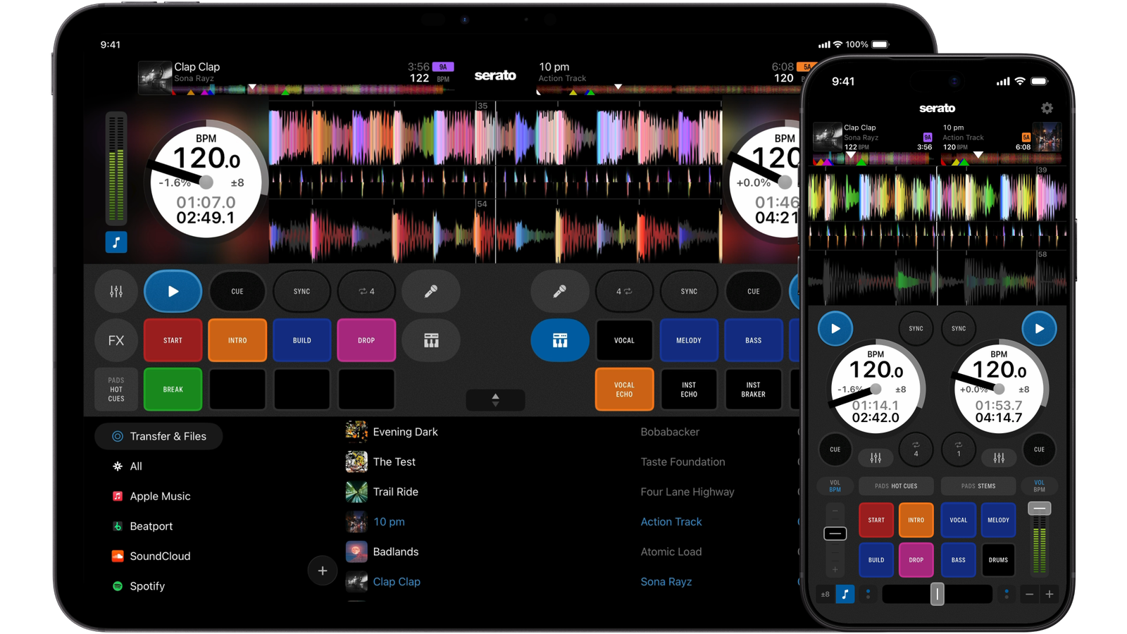 Serato DJ for iOS displaying on-screen DJ controls, Performance Pads, and waveforms on iPhone and iPad.