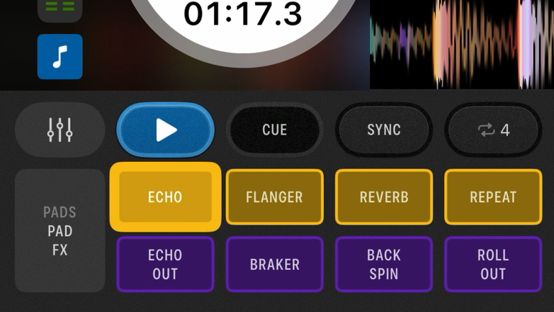 Serato DJ for iOS GUI showing built-in pad FX.