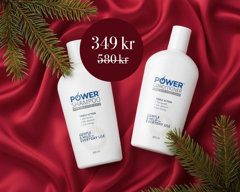 Groomingprodukter uppställda mot en julig bakgrund