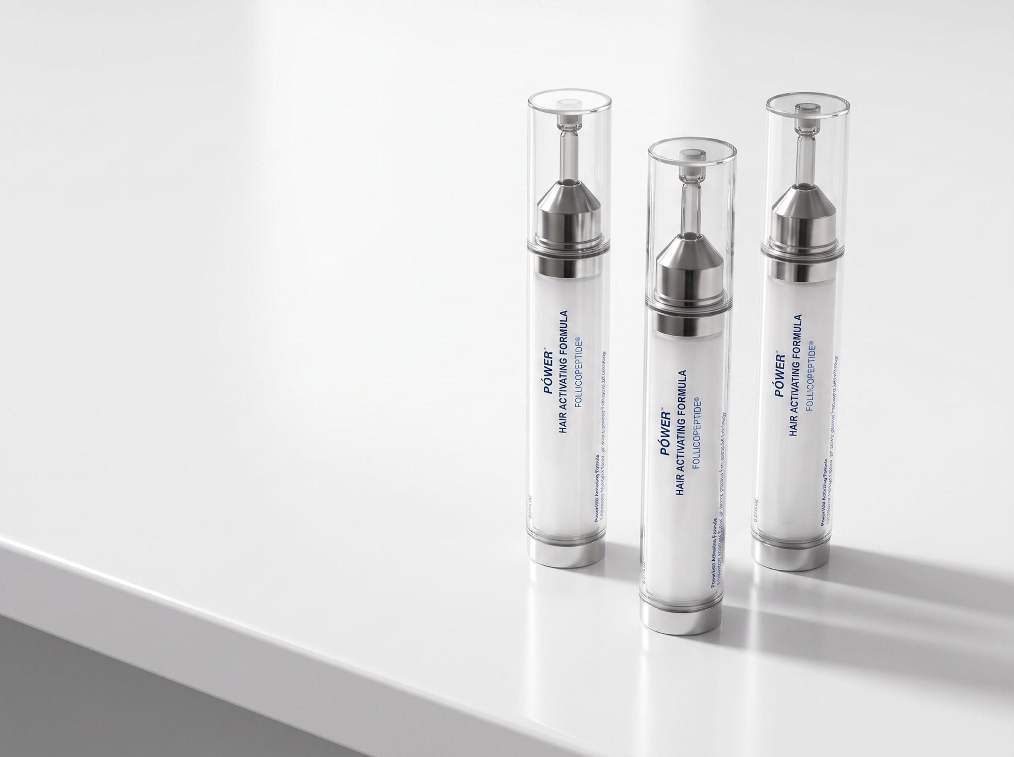 Tre vita och silverfärgade pumpflaskor märkta ”POWER HAIR ACTIVATING FORMULA FOLLICOPEPTIDE®” på en vit yta.