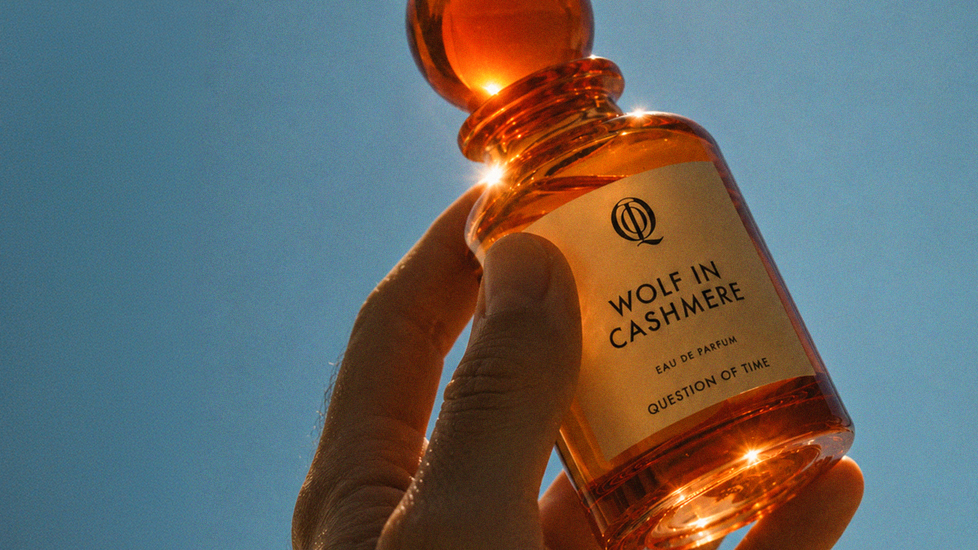 En hand håller en bärnstensfärgad parfymflaska med texten ”Wolf in Cashmere” mot en klarblå himmel i solljus.