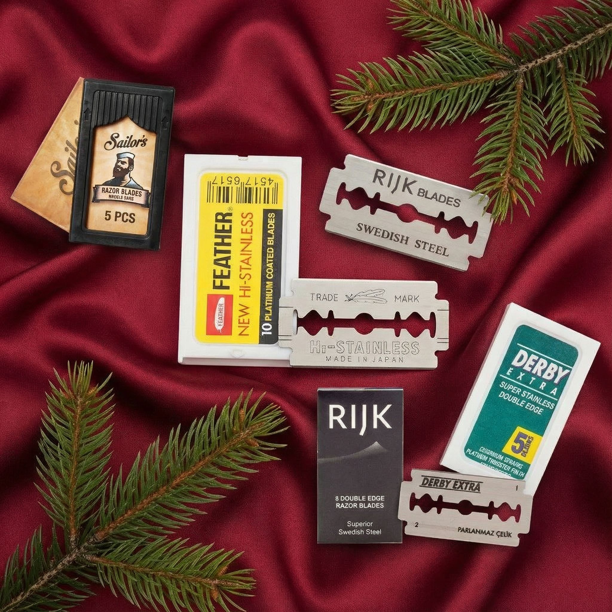 Dubbelrakblad från olika varumärken som sailor's, rijk. derby, feather