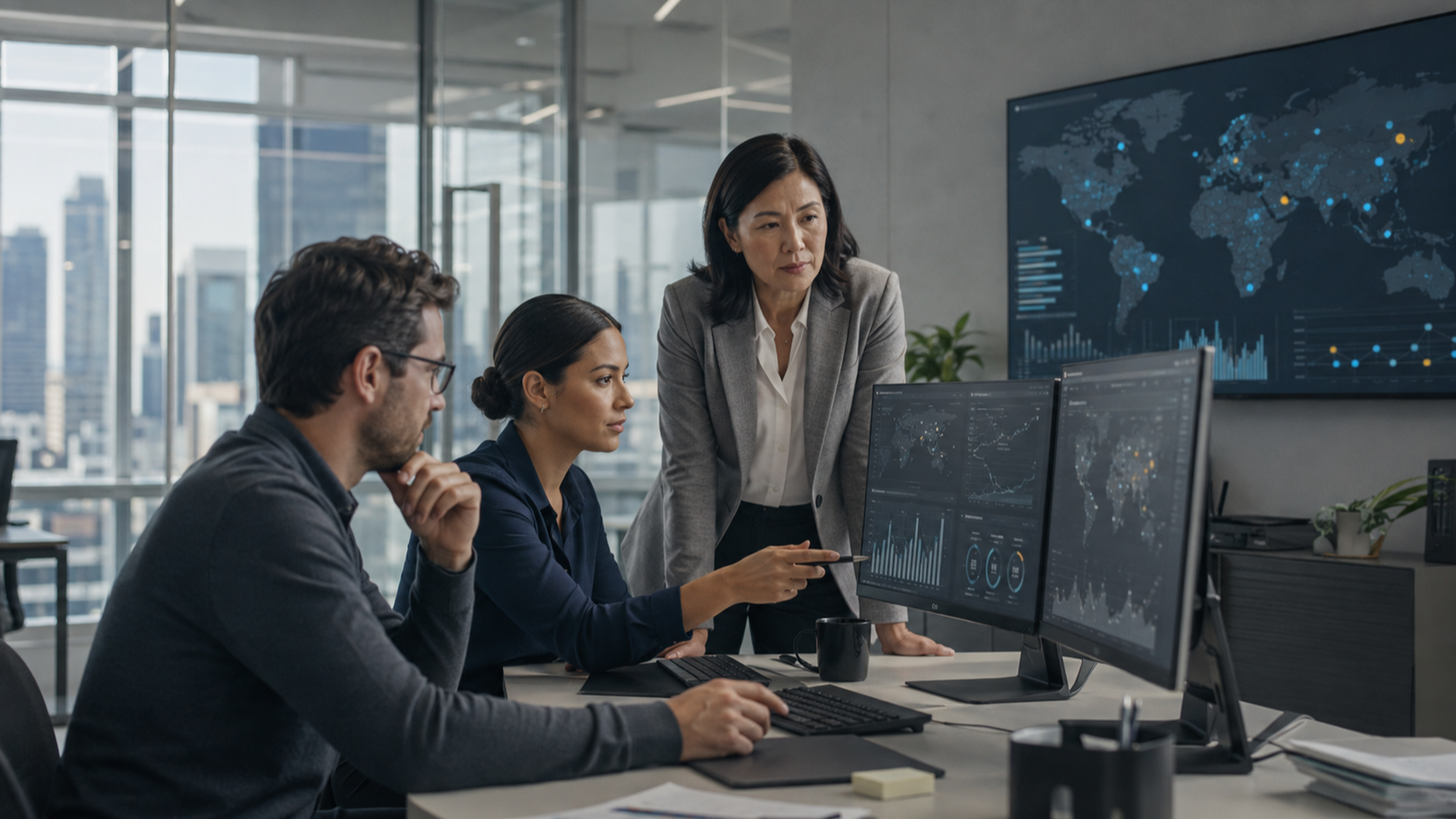 imagen de equipo viendo un monitor de riesgos