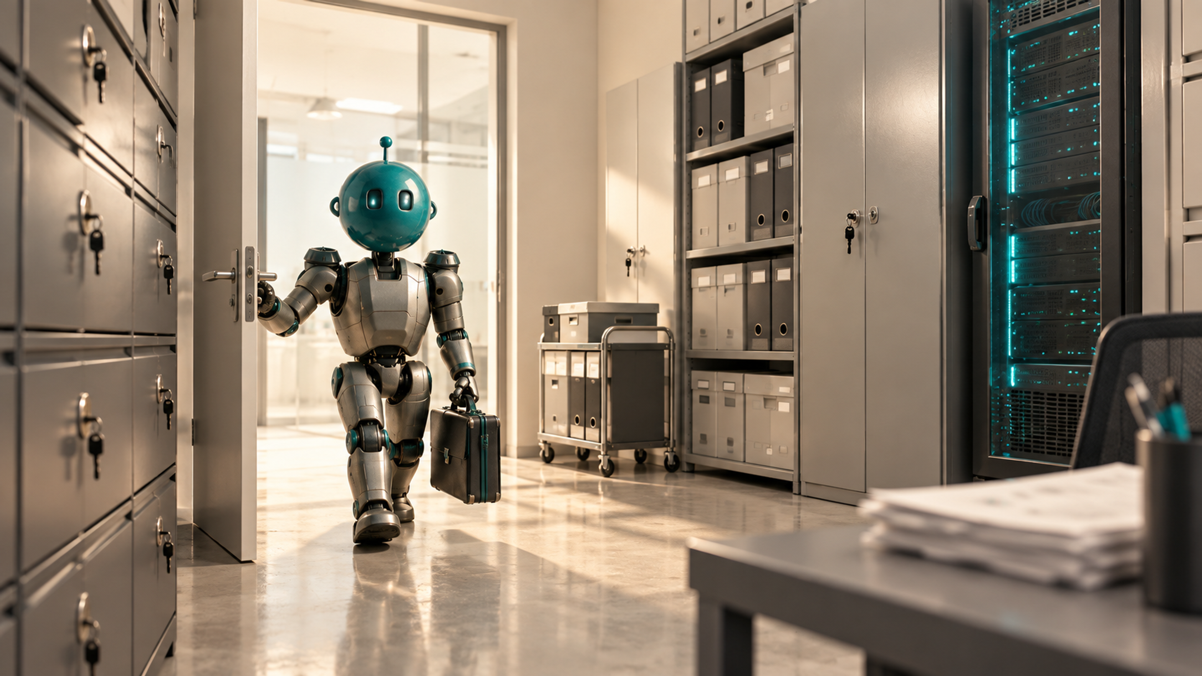 Un colaborador digital entra con su maletín a la sala de archivos de una empresa