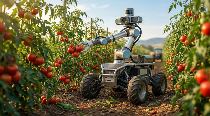Physical AI example - In agriculture robot taking tomatoes.