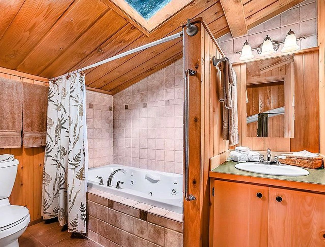 Photo of Deep Forest Cabins - Maplewild Cabin, Indoor two‑person jetted tub with skylight view