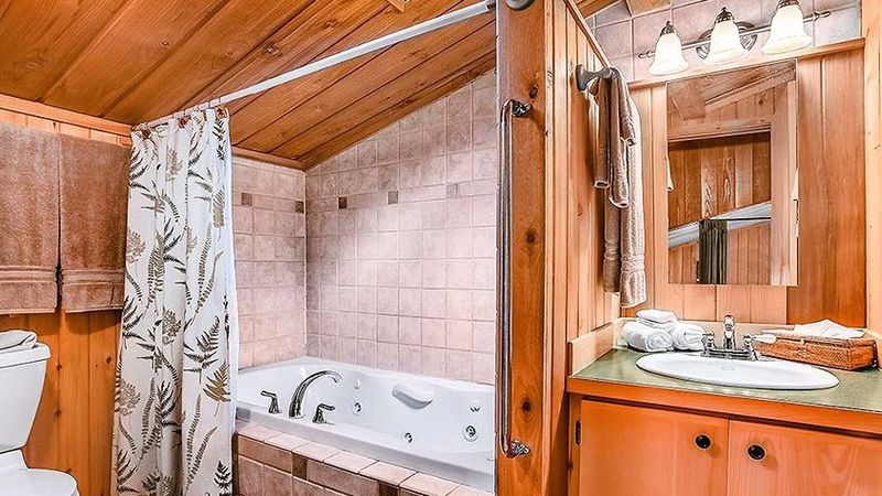 Photo of Deep Forest Cabins - Maplewild Cabin, Indoor two‑person jetted tub with skylight view