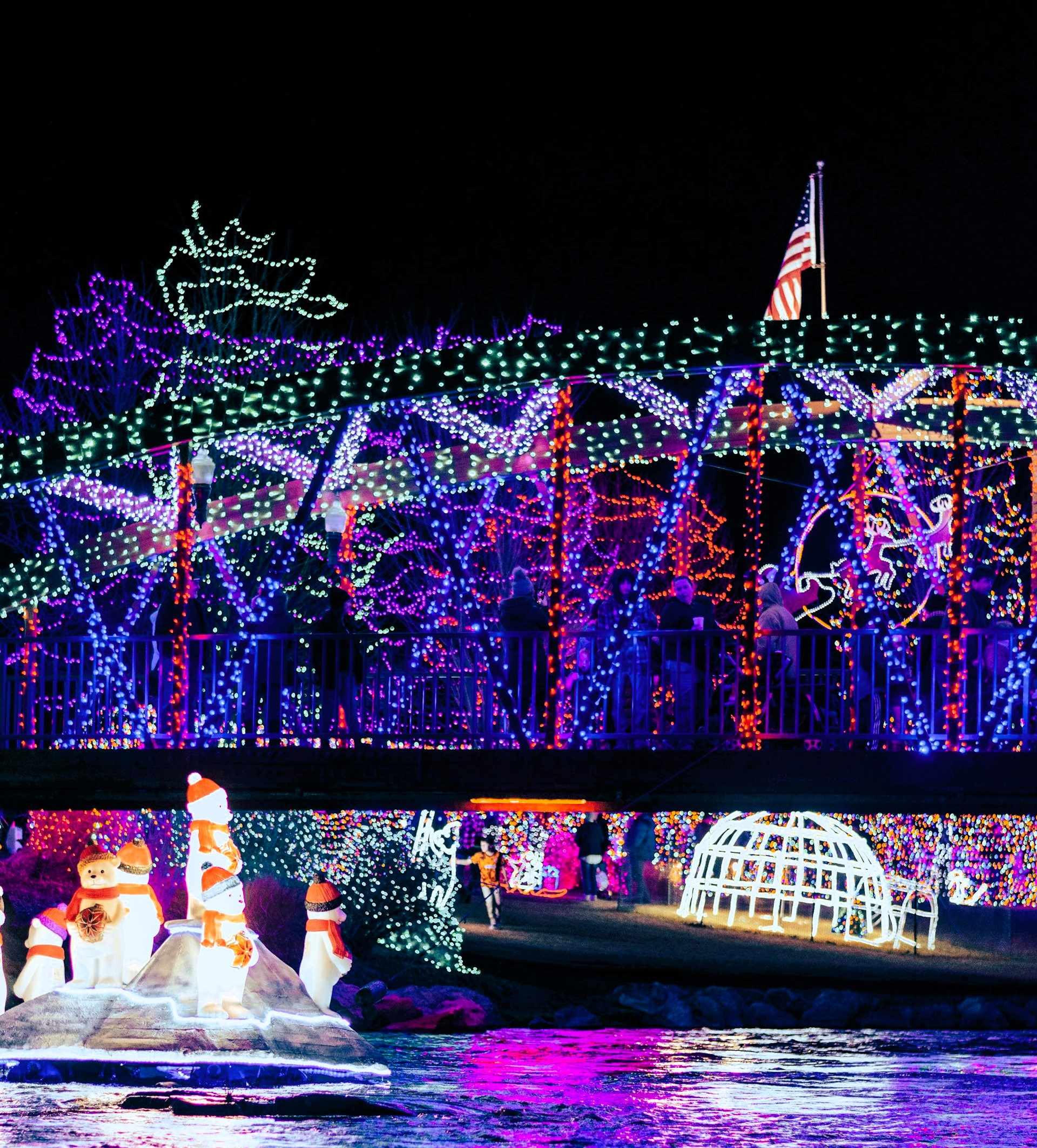 Bridge in Caldwell, Idaho, decorated in colorful Christmas lights