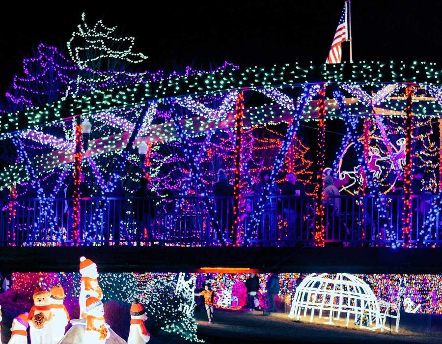 Bridge in Caldwell, Idaho, decorated in colorful Christmas lights