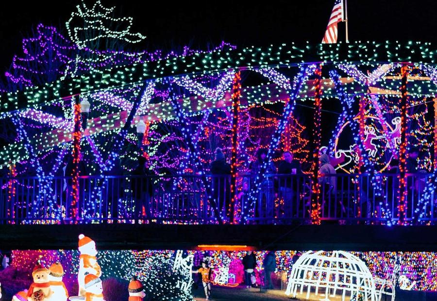 Bridge in Caldwell, Idaho, decorated in colorful Christmas lights