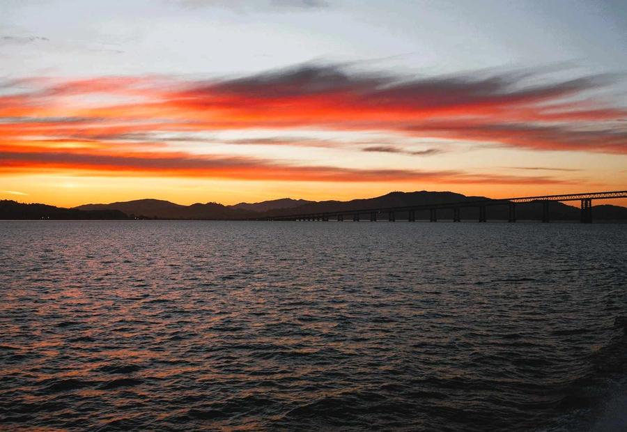 The sun is setting over San Pablo Bay, Vallejo, California, USA