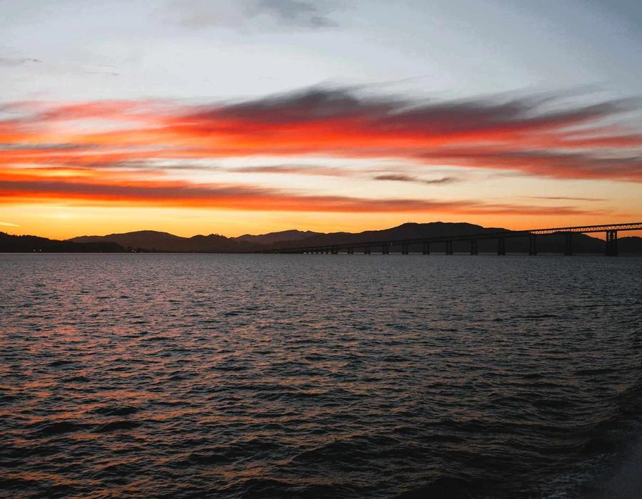 The sun is setting over San Pablo Bay, Vallejo, California, USA