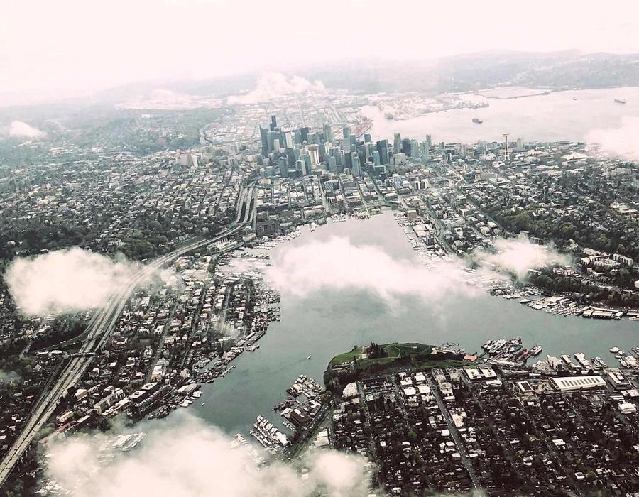 Aerial view of Seattle–Tacoma–Bellevue metropolitan area that Kent, WA, is a Part of