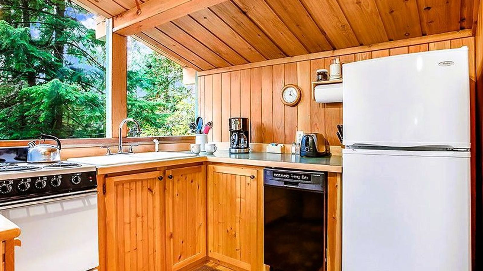 Photo of Deep Forest Cabins - Maplewild Cabin, kitchen with stove, refrigerator, dishwasher, microwave