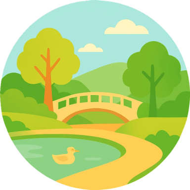Park, duck pond, bridge, and picnic spot