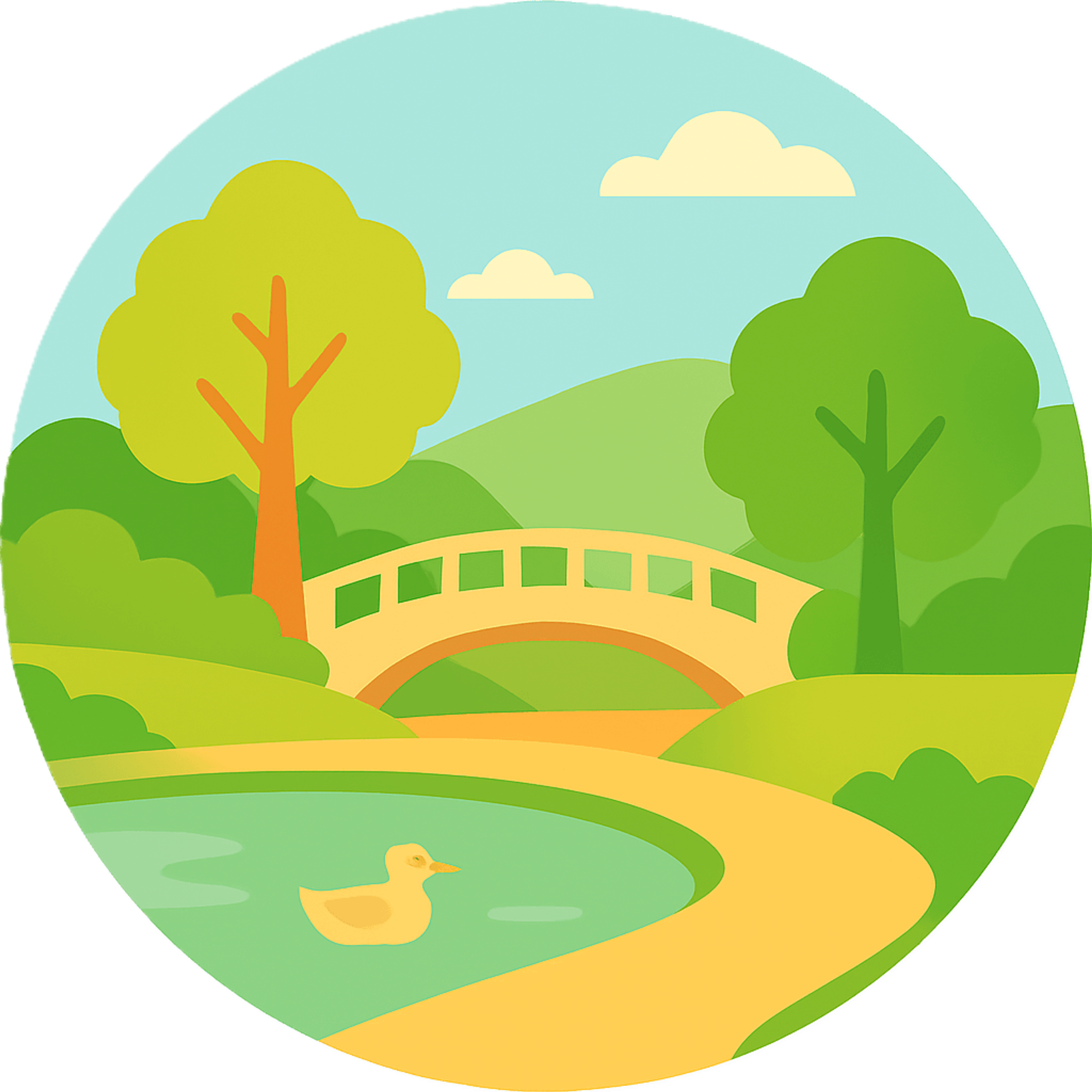 Park, duck pond, bridge, and picnic spot