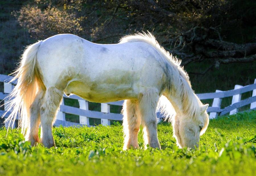 White horse grazing in glowing sunlight on a late afternoon in Dublin, CA, USA