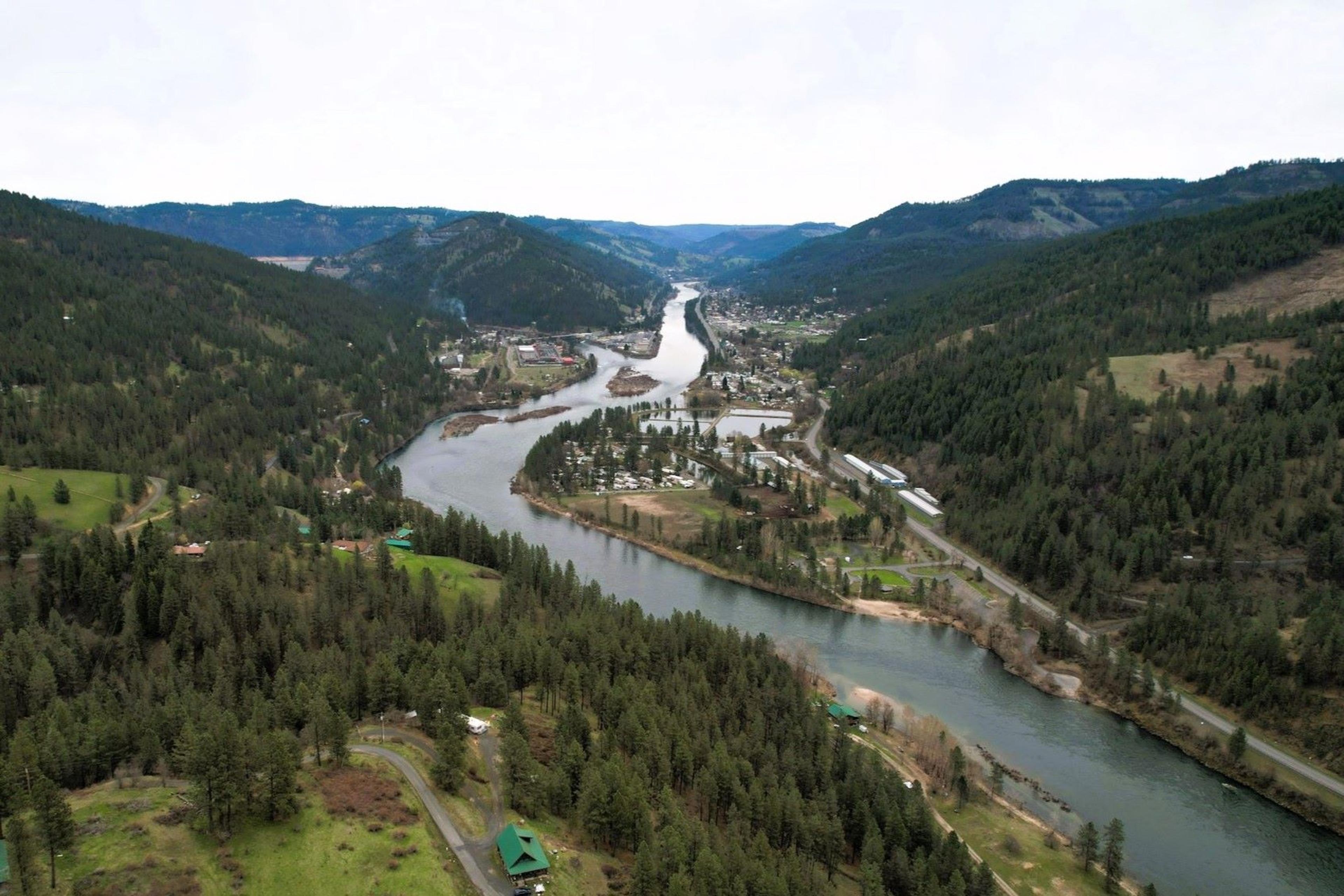 An arial view of Orofino and Clearwater River, Idaho, USA