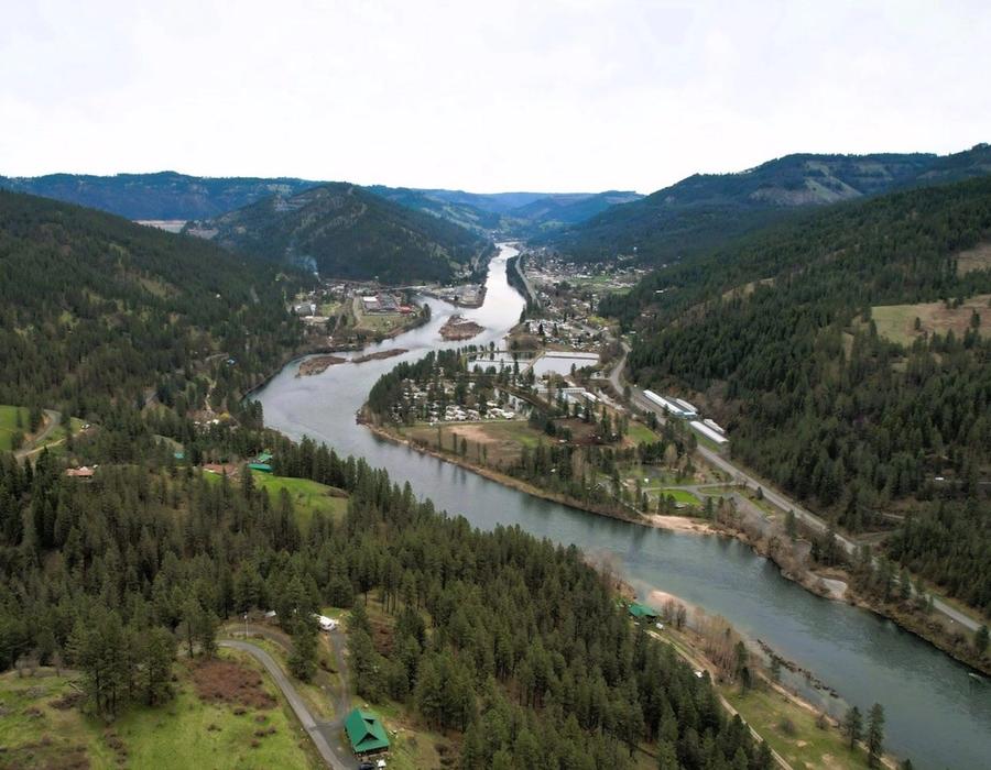 An arial view of Orofino and Clearwater River, Idaho, USA