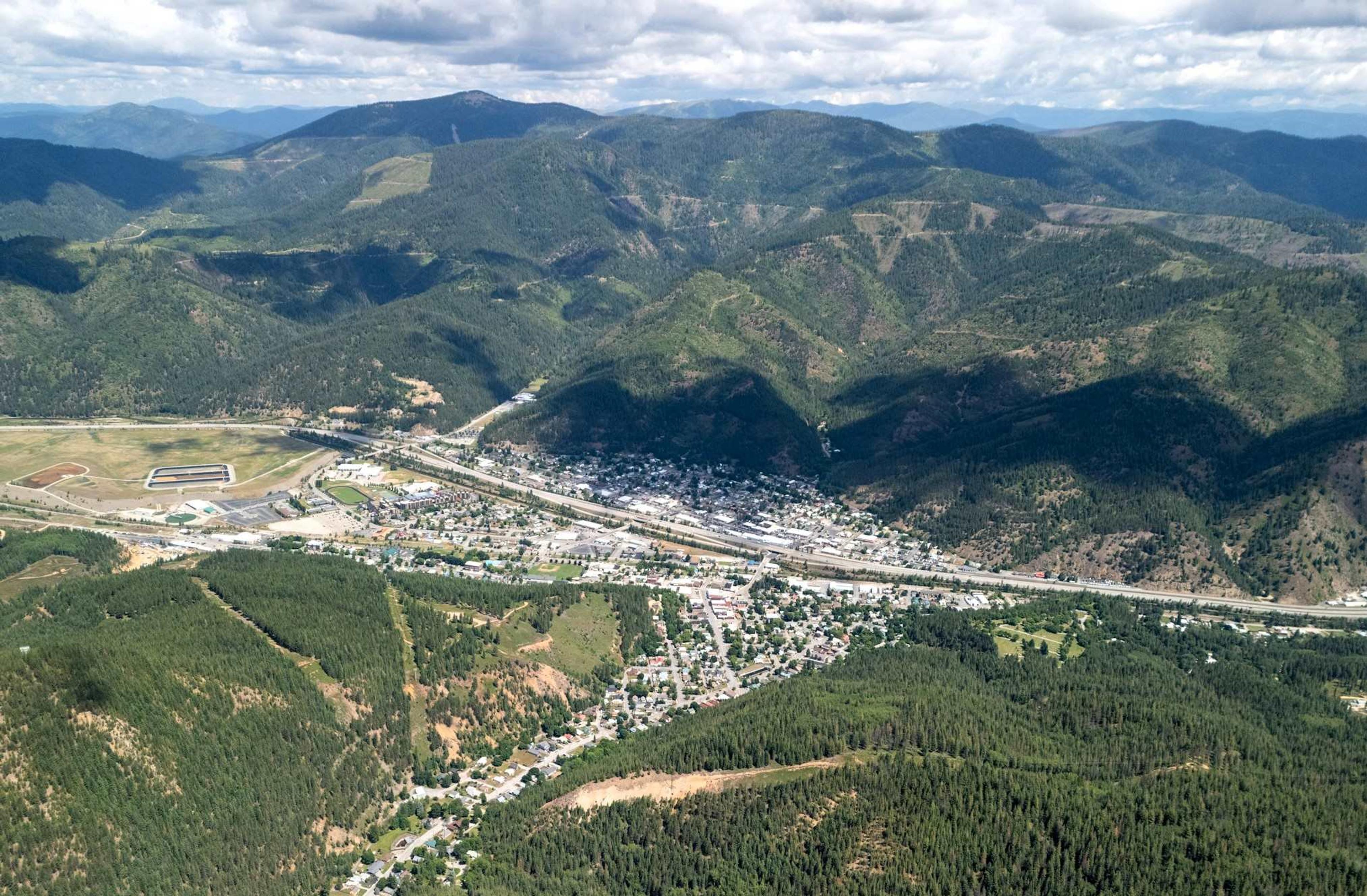 An aerial view of the city of Kellogg, Idaho, USA