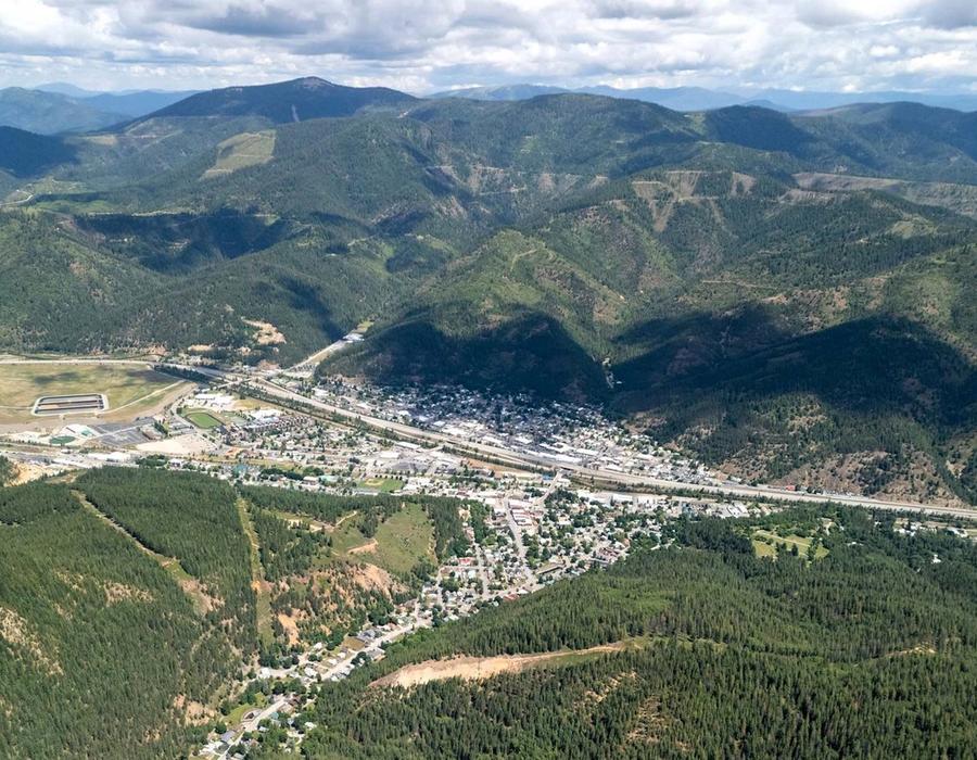 An aerial view of the city of Kellogg, Idaho, USA