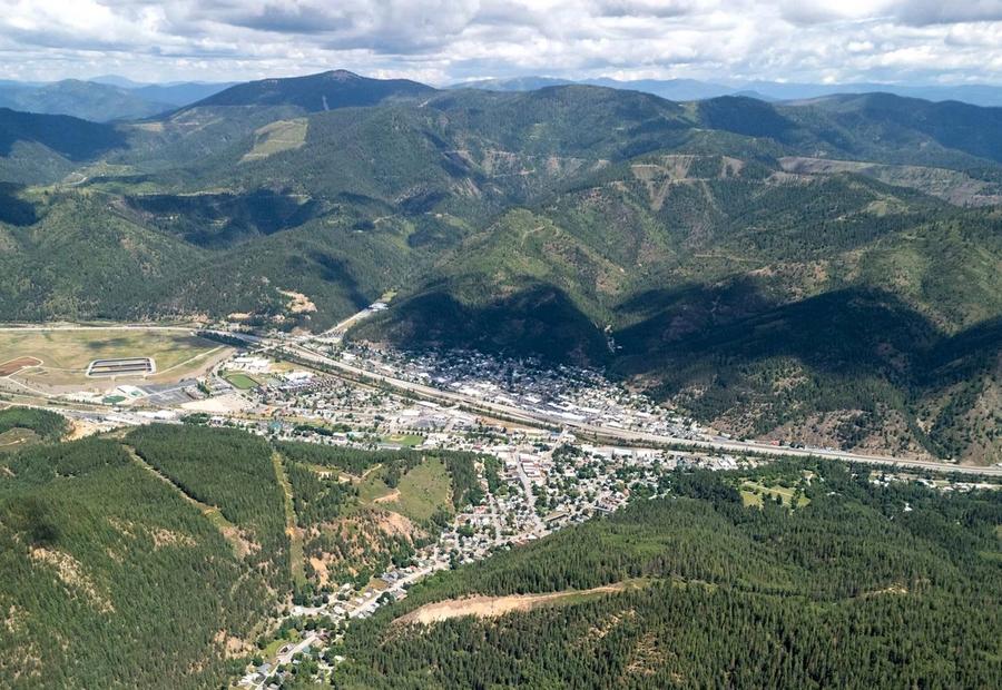 An aerial view of the city of Kellogg, Idaho, USA