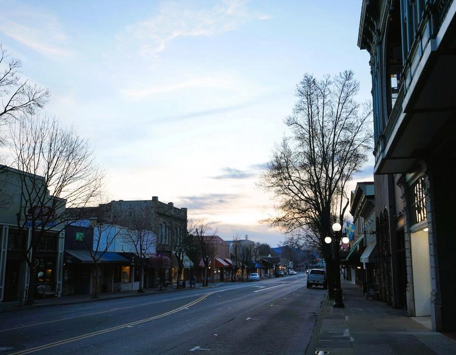 Main Street, St. Helena, California, at dawn in January, USA