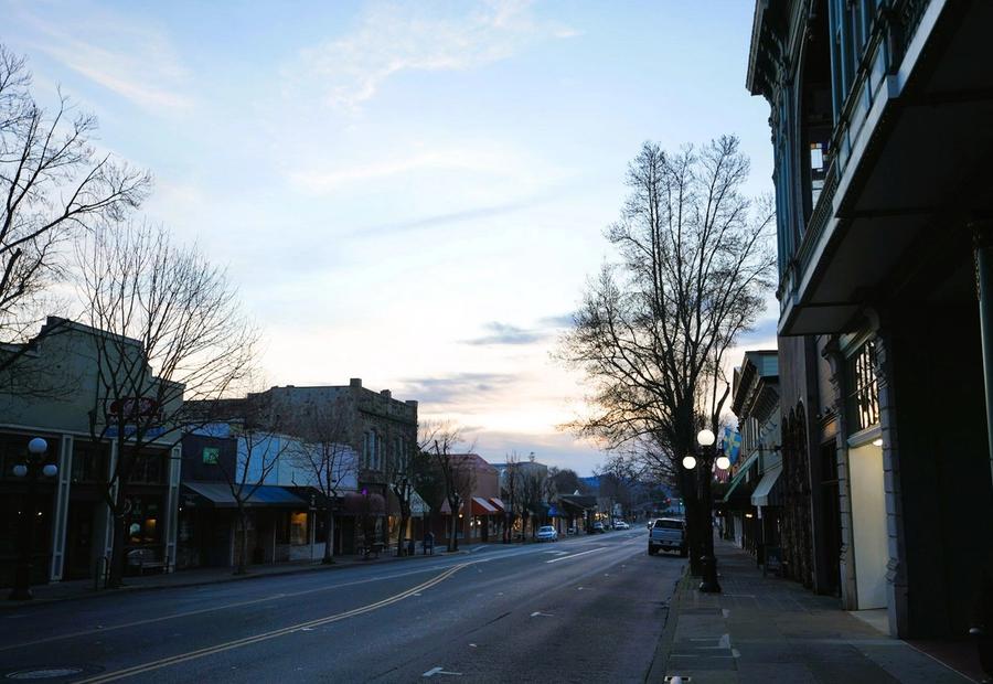 Main Street, St. Helena, California, at dawn in January, USA