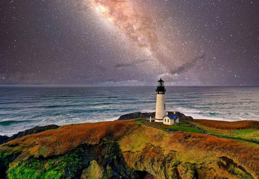A lighthouse beneath a starry sky in Newport, Oregon.