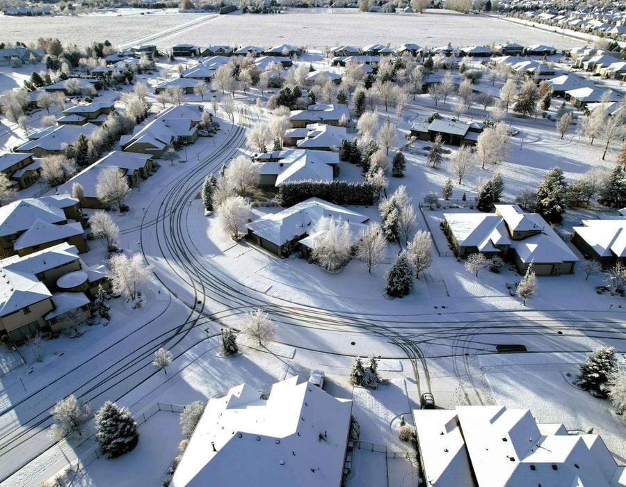 An aerial view of a Eagle, Idaho, in winter