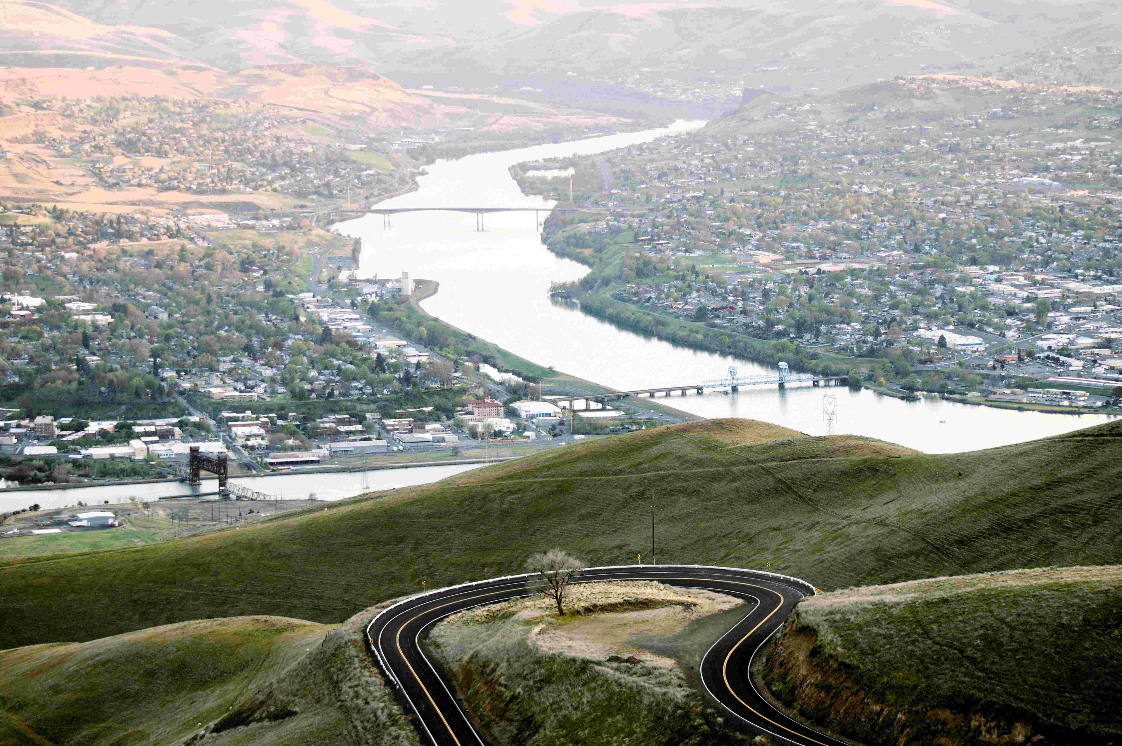 An aerial view of Lewiston, ID, USA, and the confluence of the Snake and Clearwater Rivers