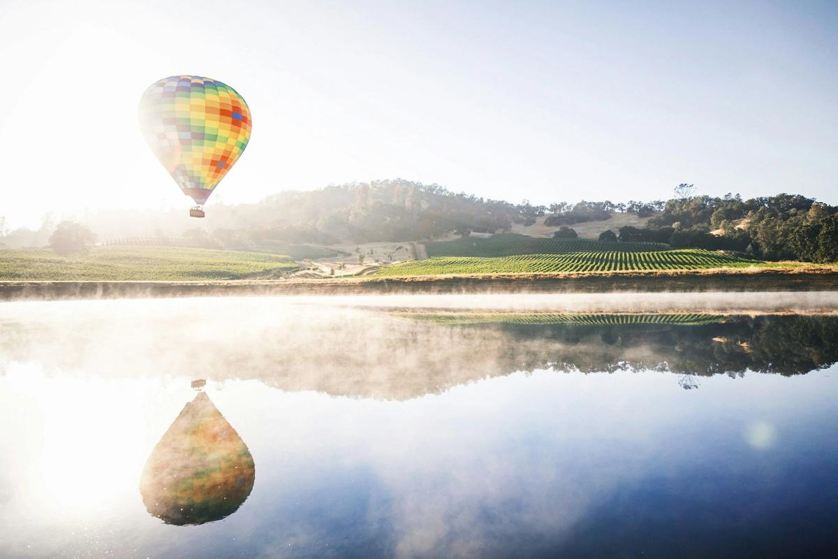 Hot air balloon floating in mid air above Napa Valley, Napa, California, USA