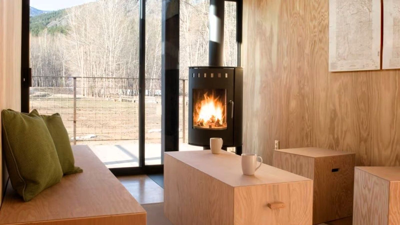 Rolling Huts - Rolling Hut, Living area with Fireplace