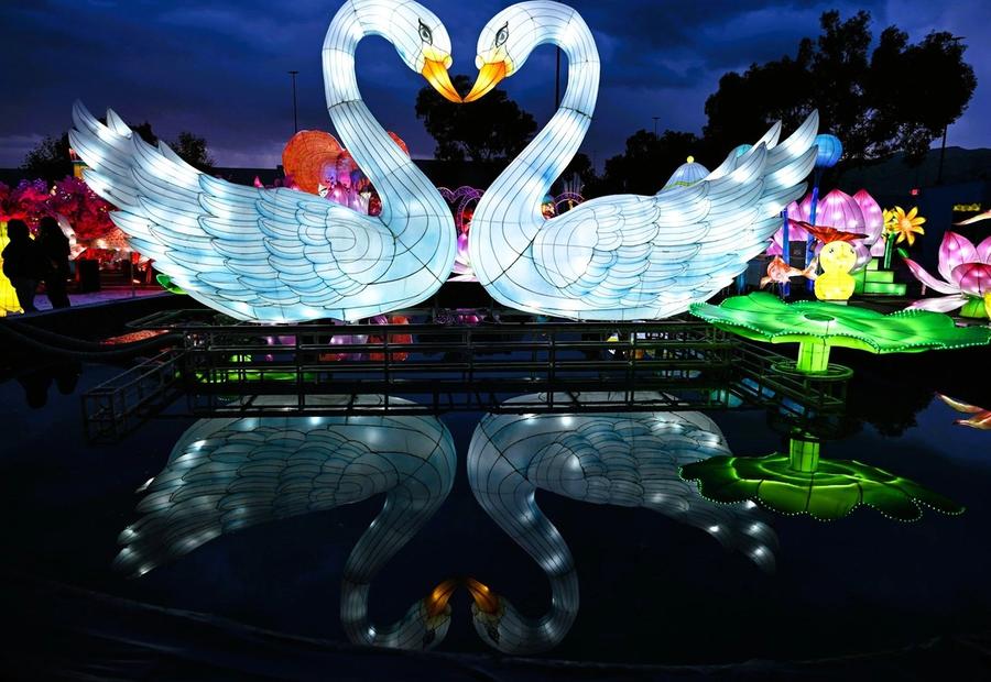 A couple of white swans in Imaginarium’s Lemuria located at the Great Mall, Milpitas, California