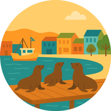 Bay front, Sea lions. dock