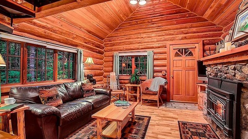 Photo of Deep Forest Cabins - Mt Home Log Cabin, Living room, fireplace, sofa