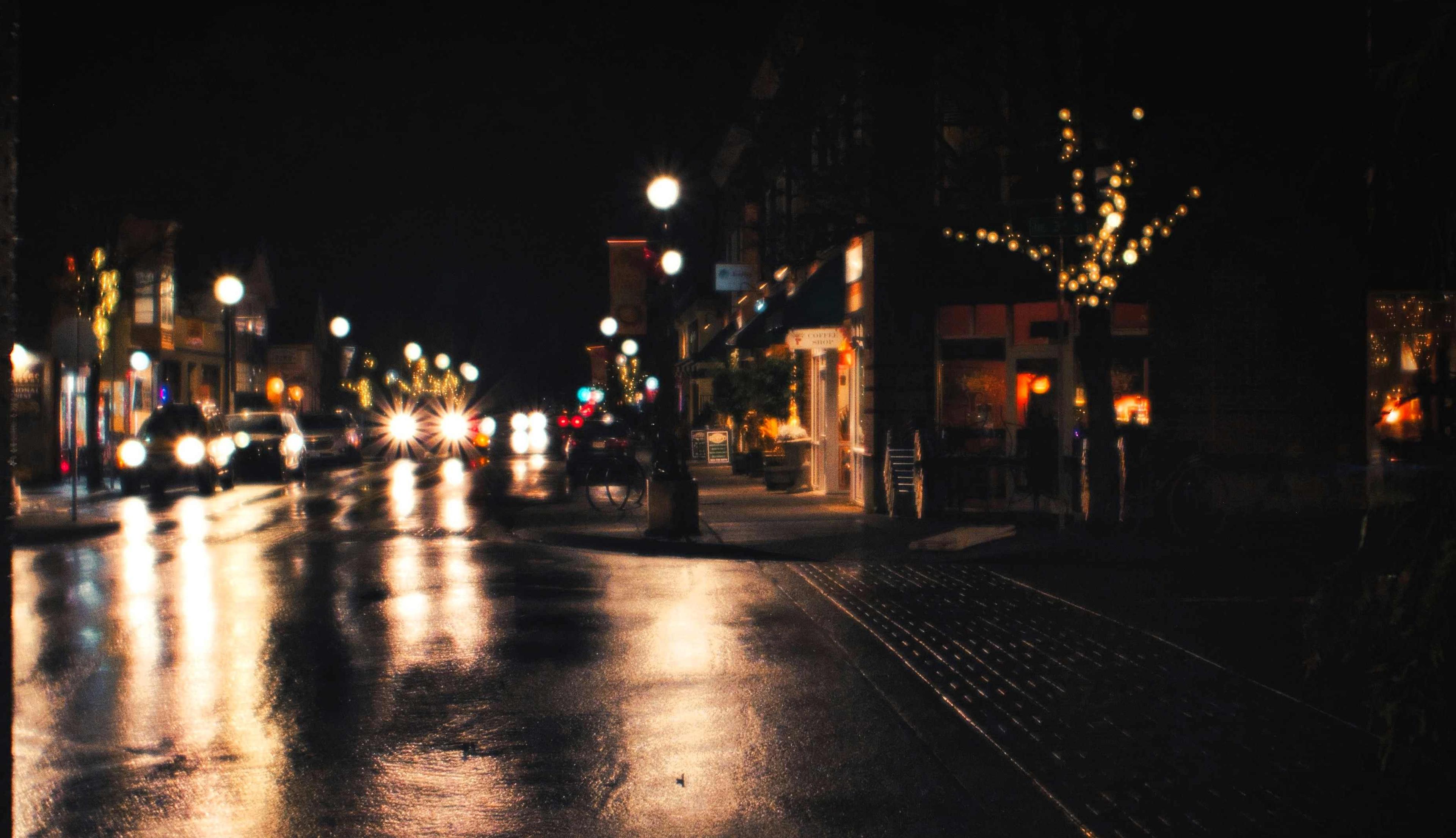 Nighttime wet street in Gresham, OR, USA