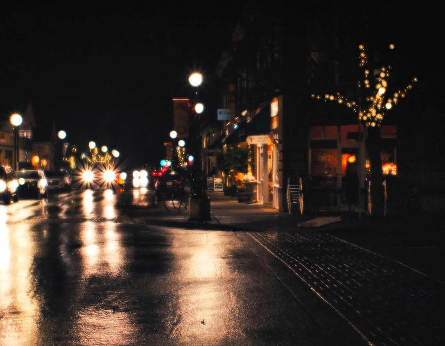 Nighttime wet street in Gresham, OR, USA