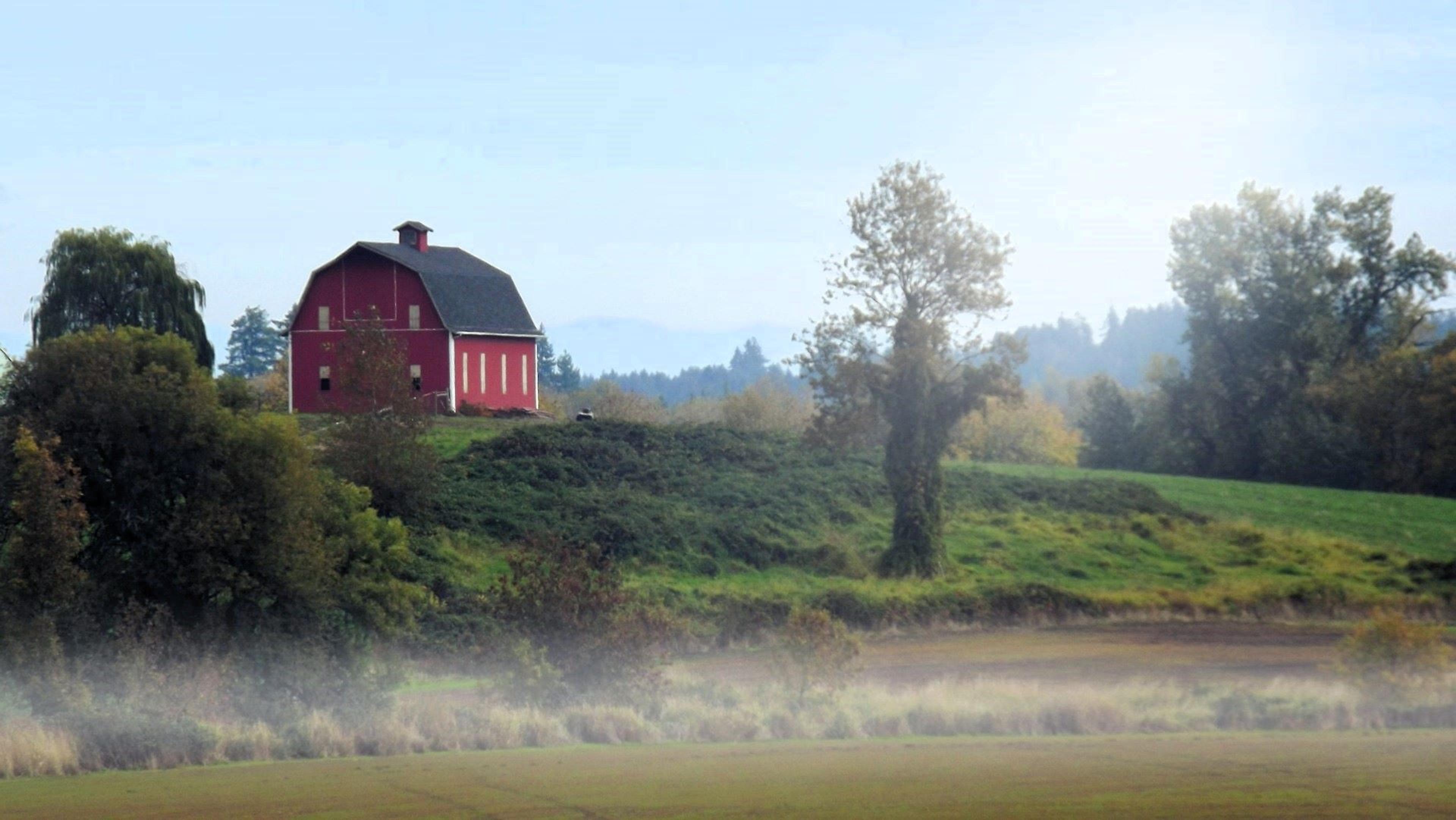 Red barn on a Willamette Valley hilltop in Albany, Oregon, USA