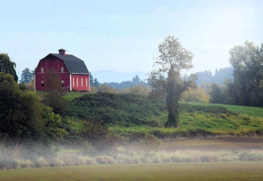 Red barn on a Willamette Valley hilltop in Albany, Oregon, USA