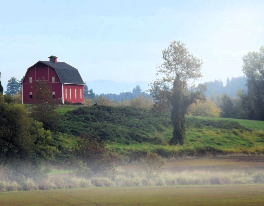 Red barn on a Willamette Valley hilltop in Albany, Oregon, USA