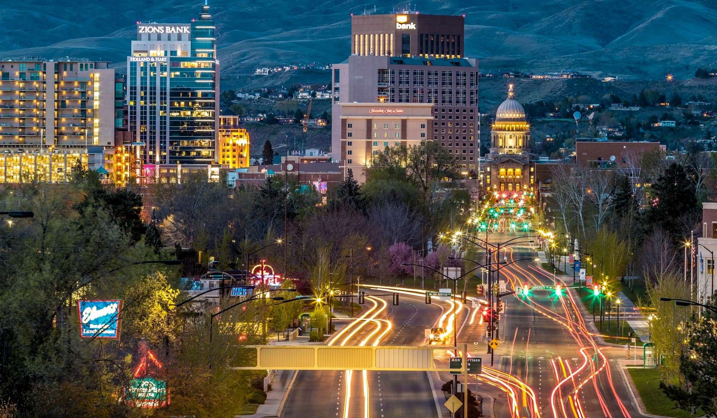 Colorful urban traffic at night in Boise, Idaho, USA