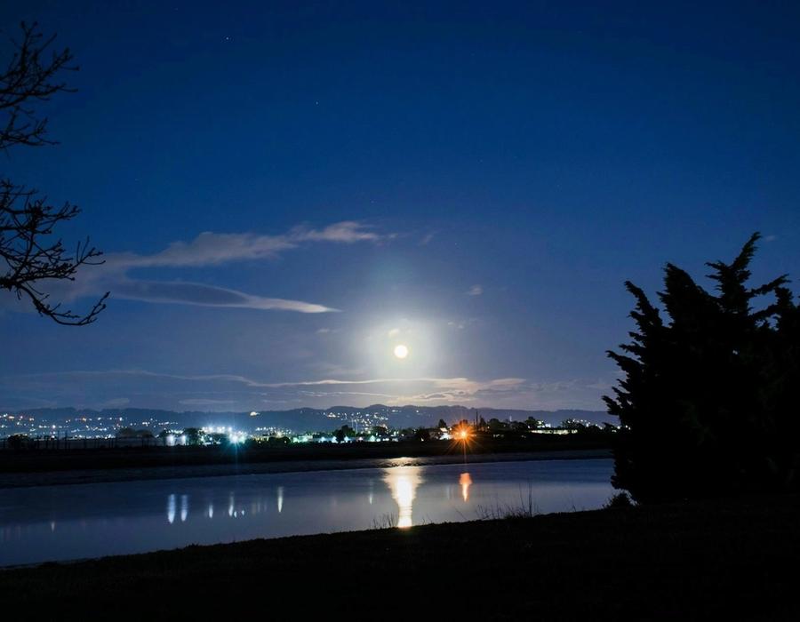 A fool moon in the night sky over San Leandro, CA, USA
