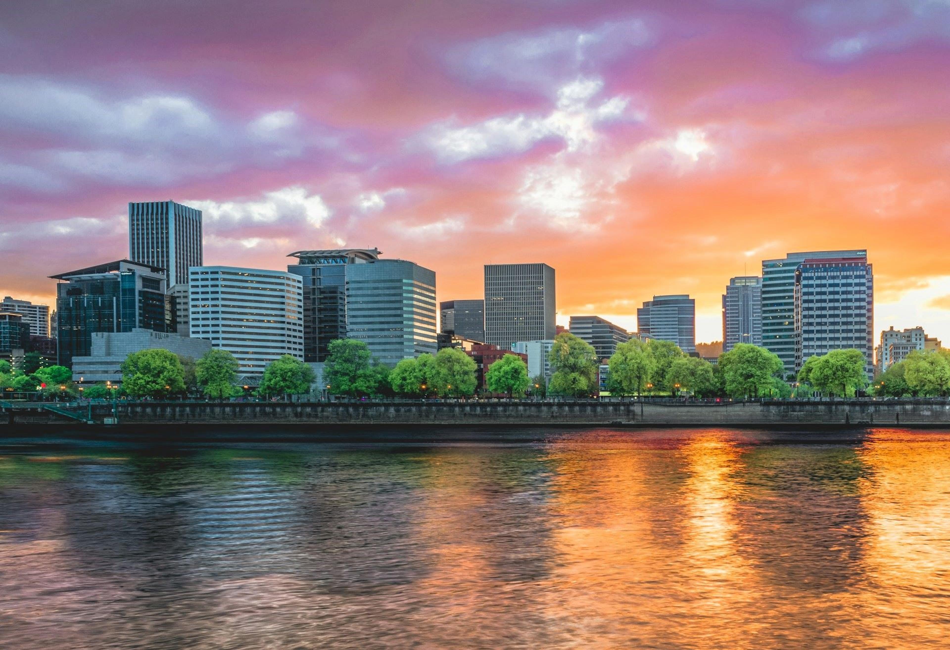 The Portland, OR Skyline at sunset. - City skyline during night time.