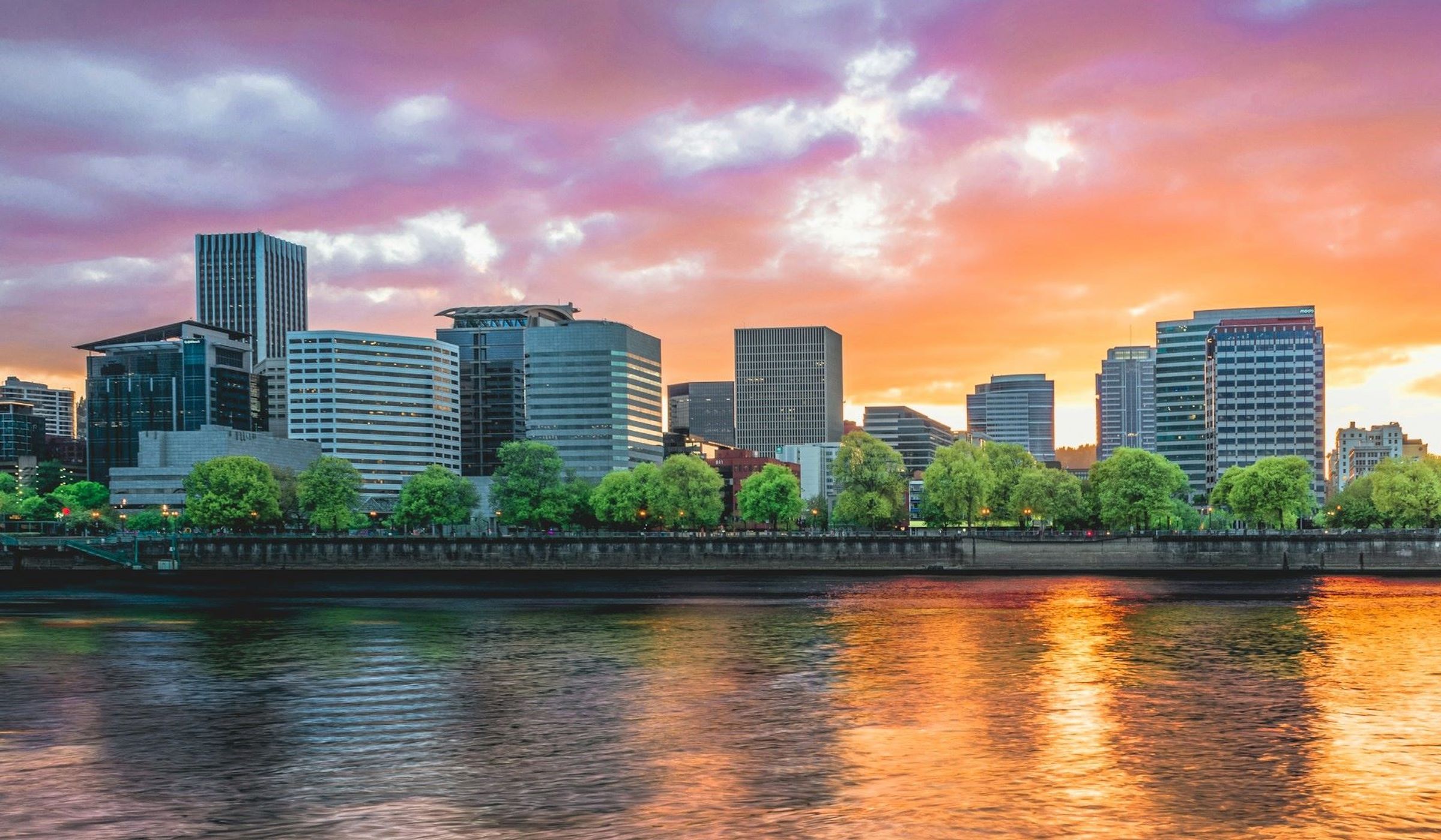The Portland, OR Skyline at sunset. - City skyline during night time.