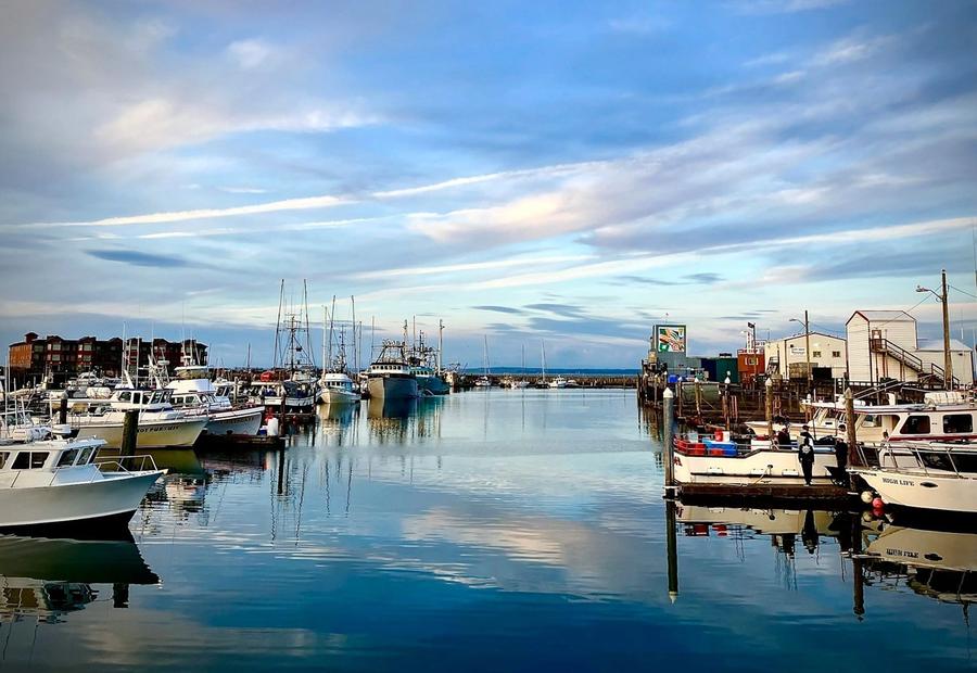 A mixed use marina in Westport, Washington at sunset