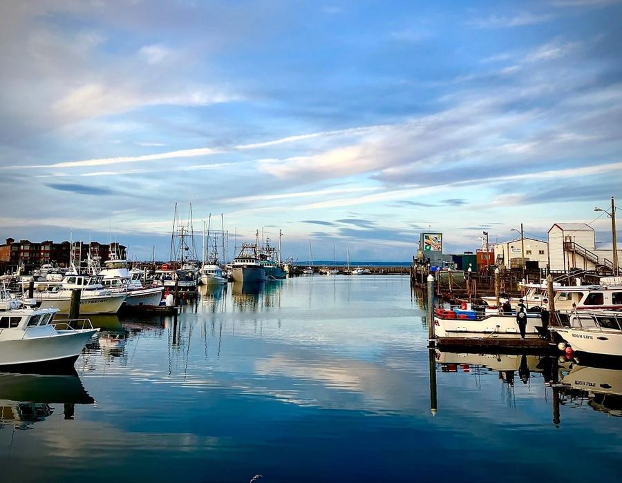 A mixed use marina in Westport, Washington at sunset